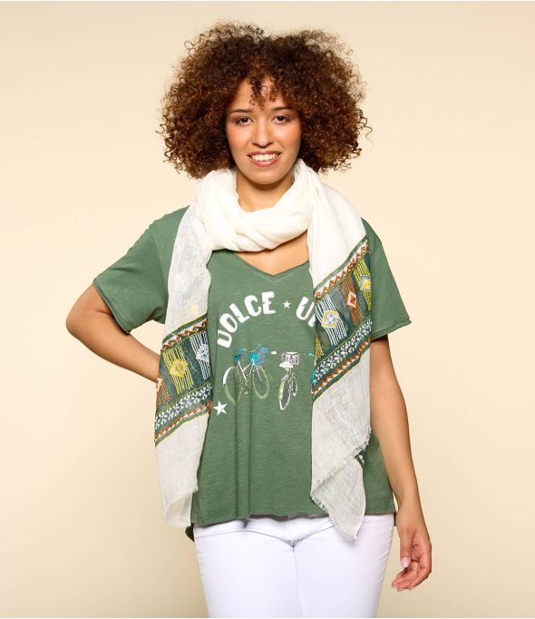 CELIA Linen scarf, embroidery for women 80 x 190 CM - - Storiatipic