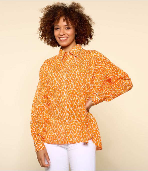 COSY AMBER ORANGE Women's Cotton Shirt - - Storiatipic