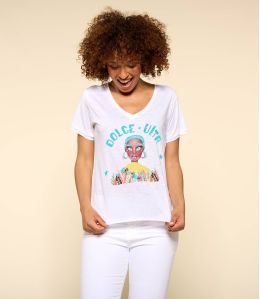 VITA WHITE M-H Maglietta in cotone biologico da donna - - Storiatipic