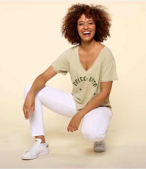 VITA BEIGE C Maglietta in cotone biologico da donna - - Storiatipic