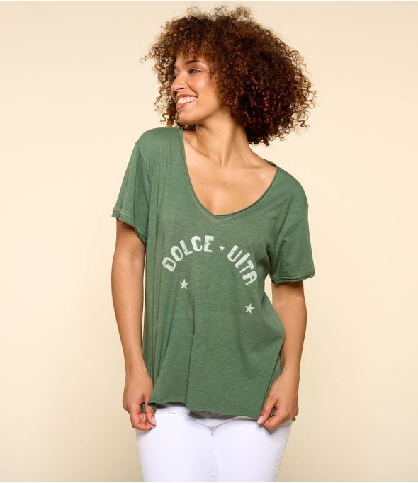 Camiseta de algodón orgánico VITA KHAKI C para mujer - - Storiatipic