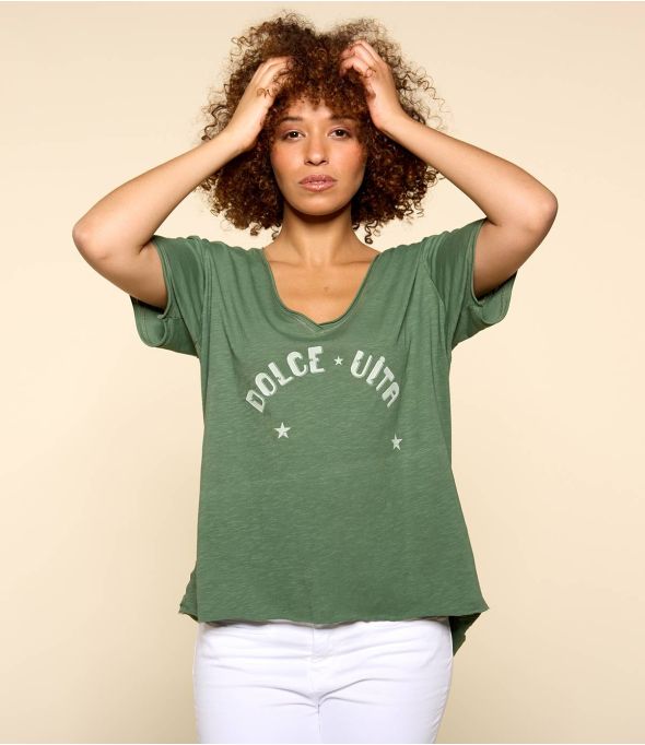 Camiseta de algodón orgánico VITA KHAKI C para mujer - - Storiatipic