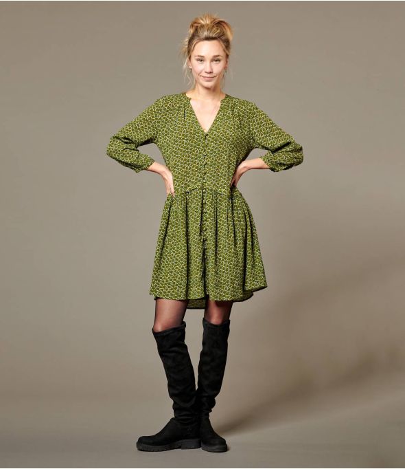 Vestido de viscosa EVA FLEURS KHAKI para mujer - Winter Essentials - Storiatipic