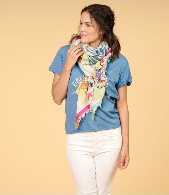 RACHEL Grand carré en coton, soie, broderies pour Femme 140 x 140 CM - - Storiatipic