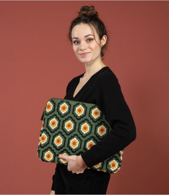LAPTOP BRODERIE Pochette d'ordinateur en Coton couleur Kaki pour Femme Storiatipic - - Storiatipic
