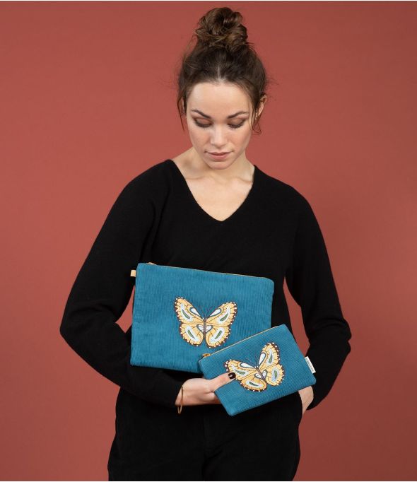 VANITY VELOURS BLEU Pochette en Coton - - Storiatipic