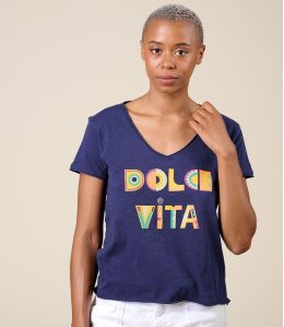 VITA DOLCE VITA Camiseta de algodón azul marino - - Storiatipic VITA DOLCE VITA Camiseta de algodón azul marino - - Storiatipic