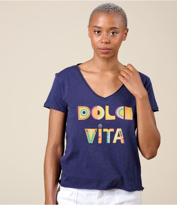 VITA DOLCE VITA NAVY katoenen T-shirt - - Storiatipic