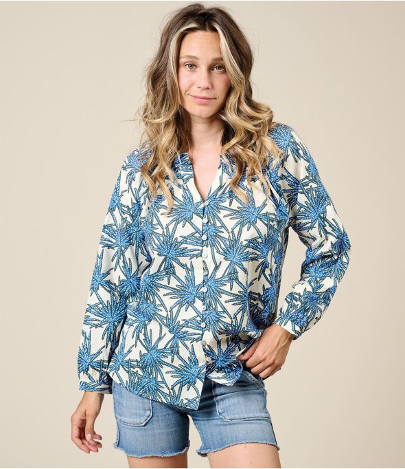 AGNES PALMA BLEU Cotton Blouse - - Storiatipic