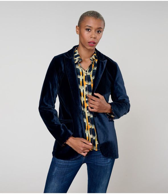CHAQUETA DE ALGODÓN TERCIOPELO AZUL MARINO LISA CON HOMBRO - - Storiatipic