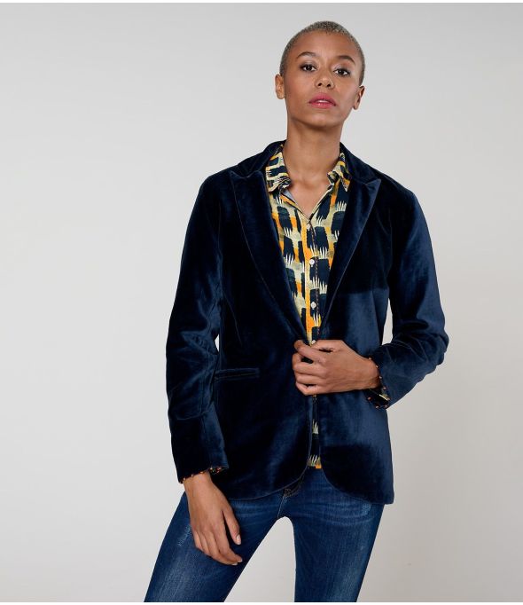 CHAQUETA DE ALGODÓN TERCIOPELO AZUL MARINO LISA CON HOMBRO - - Storiatipic